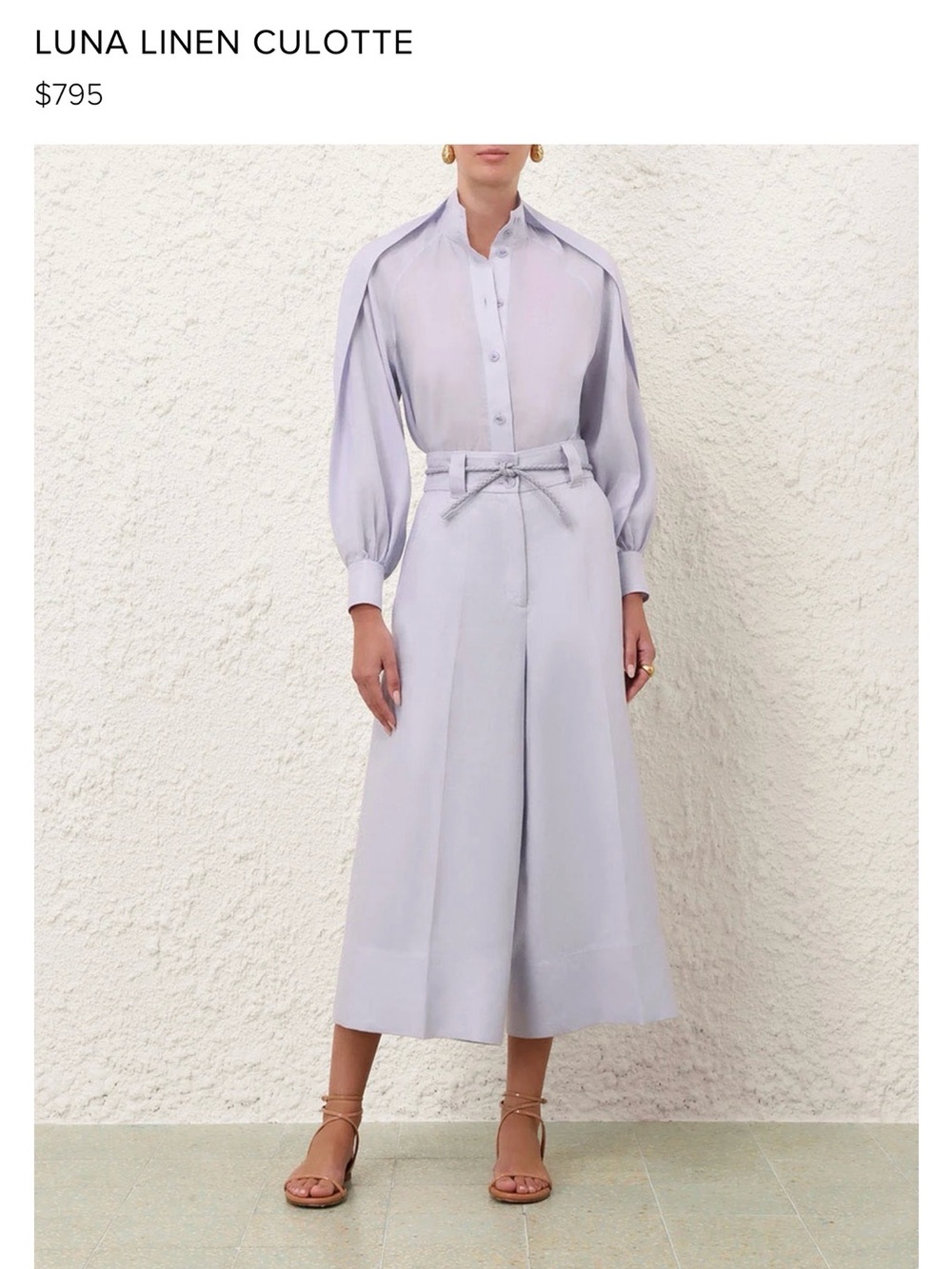 Zimmermann Luna Linen Culotte Pants - Lilac Size 1 NWOT $850